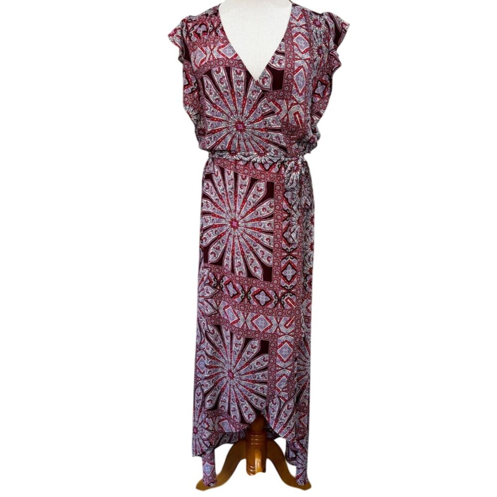 ELLA MOSS Flutter Sleeve Wrap Dress Size S Red Purple Boho Print Midi Dress